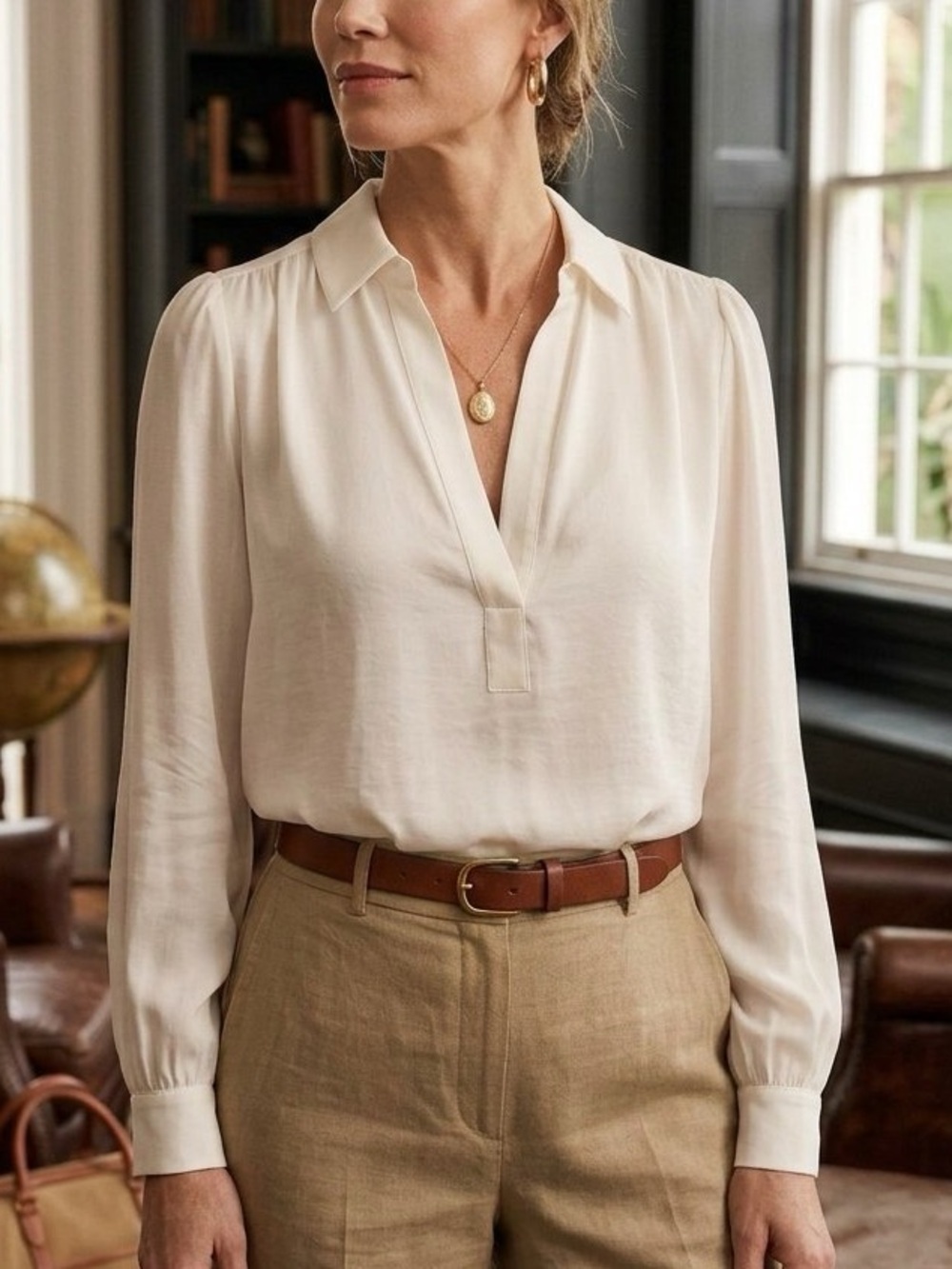 Banana Republic Cream V-Neck Long Sleeve Blouse with Collar